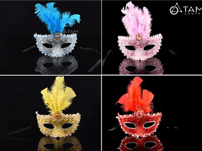 Mặt nạ dạ hội nửa mặt lông vũ đính giữa lót ren viên ngọc HLW-MN-39